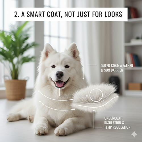Bộ lông hai lớp của chó Samoyed giúp cách nhiệt và bảo vệ da