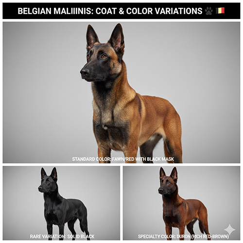 Infographic bộ lông và các màu lông của chó Béc Bỉ Malinois tiêu chuẩn và biến thể hiếm