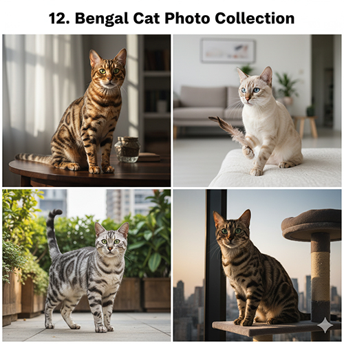 Bộ sưu tập ảnh mèo Bengal gồm các màu Silver, Snow, Brown trong nhiều bối cảnh ánh sáng khác nhau.