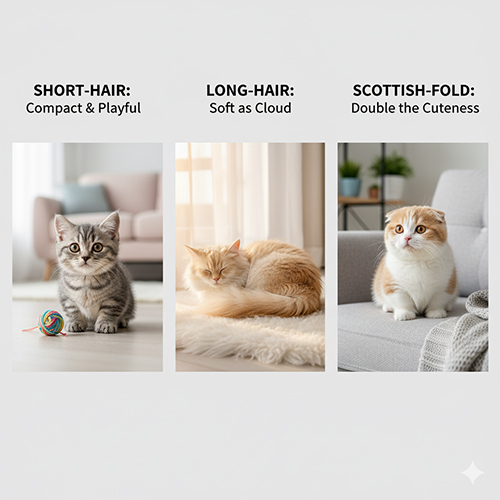 Bộ sưu tập ảnh mèo Munchkin: long ngắn tinh nghịch, lông dài mềm như mây và Munchkin tai cụp (Scottish Fold) – chụp trong nhà, ánh sáng tự nhiên.