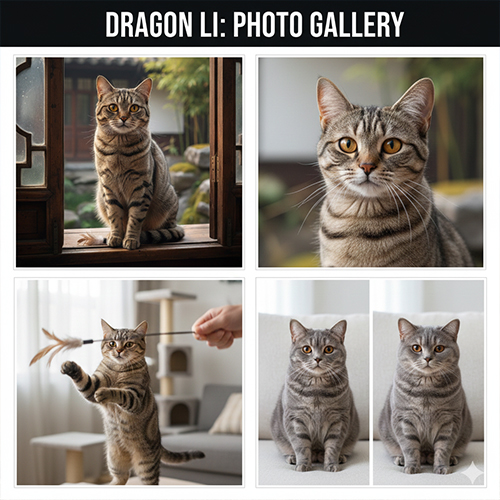 Hình ảnh mèo Trung Quốc Dragon Li với nhiều góc chụp như ngồi cửa sổ, chơi đồ chơi và nghỉ ngơi