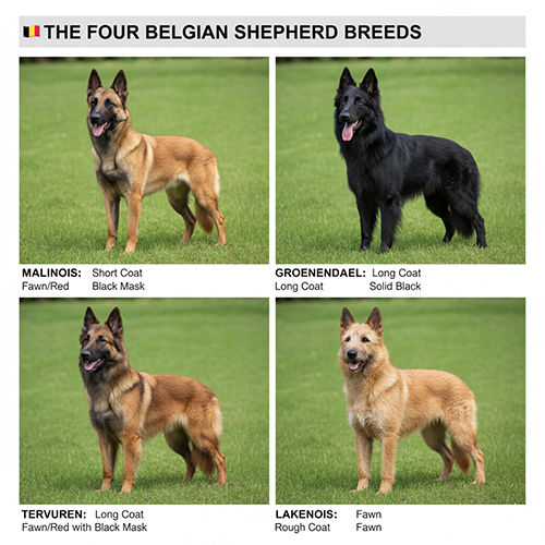 Infographic 4 giống chó chăn cừu Bỉ: Malinois, Groenendael, Tervuren và Laekenois đứng trên cỏ