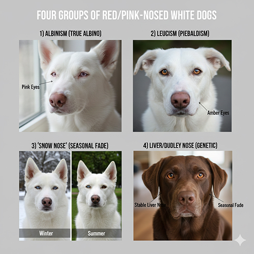 Bốn nhóm chó trắng mũi đỏ/hồng gồm albinism, leucism, snow nose theo mùa và liver/dudley; kèm hình minh họa mũi, mắt, sắc tố để phân biệt