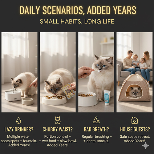 Bốn tình huống đời thường của mèo Ragdoll như lười uống nước, tăng cân, hôi miệng, sợ khách; minh họa bằng ảnh chia ô.