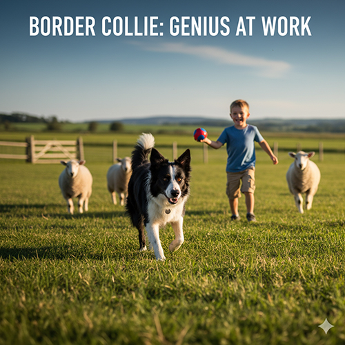 Chó Border Collie chạy trên cánh đồng cùng cậu bé và đàn cừu, thể hiện sự thông minh và năng động vượt trội