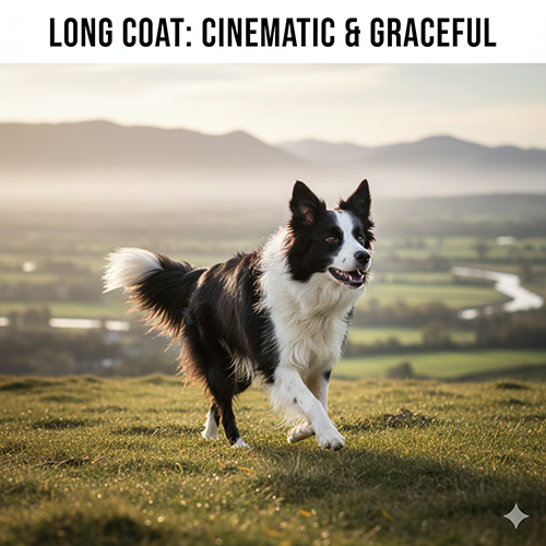 Chó Border Collie lông dài với bộ lông dày, bay bổng khi chạy ngoài thiên nhiên