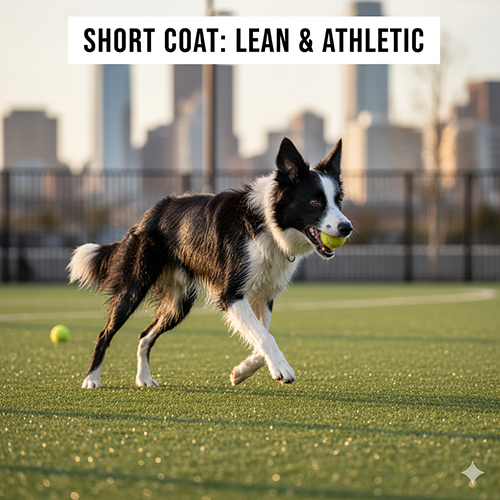 Chó Border Collie lông ngắn với dáng thể thao, lông áp sát thân, vận động linh hoạt ngoài trời