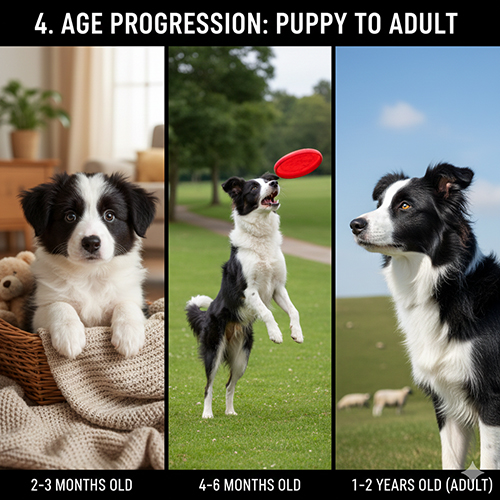 Hình ảnh chó Border Collie theo lứa tuổi từ 2 tháng đến khi trưởng thành