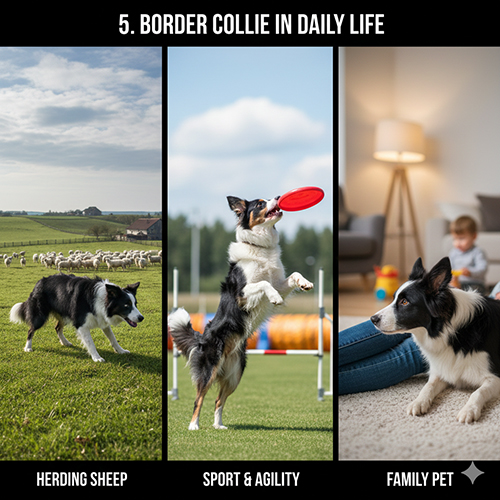 Hình ảnh chó Border Collie trong các hoạt động hằng ngày như chăn cừu, chơi thể thao và sinh hoạt gia đình