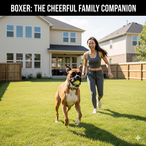 Cô gái chạy chơi cùng chó Boxer cầm bóng trong sân vườn ngôi nhà hiện đại, thể hiện sự năng động và vui vẻ.