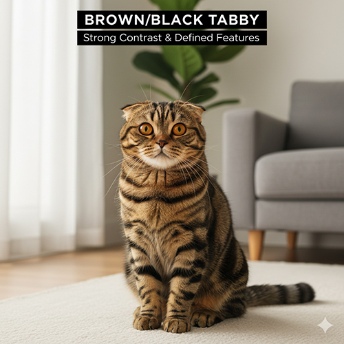 Mèo Scottish Fold brown black tabby với vằn đen rõ trên nền lông nâu, ngồi trên thảm phòng sáng.
