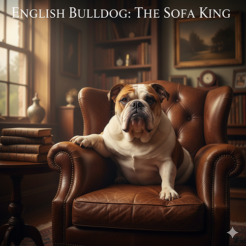 Chó Bulldog Anh ngồi trên ghế da cổ điển trong thư viện, thể hiện vẻ quý tộc và điềm tĩnh đặc trưng