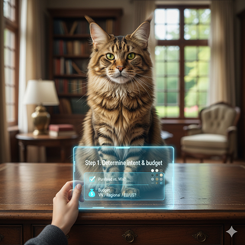 Ảnh minh họa bước 1 khi mua mèo Maine Coon: xác định nhu cầu thuần hay lai, nguồn VN hay nhập và khung ngân sách.