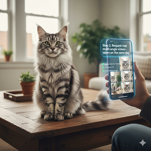 Ảnh minh họa bước 2 khi mua mèo Maine Coon: yêu cầu video thật đa góc quay cùng ngày để xem đầu, tai, bờm, đuôi và dáng đi.