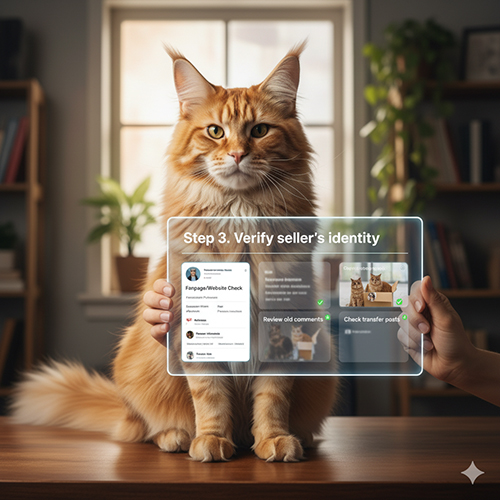 Ảnh minh họa bước 3 khi mua mèo Maine Coon: kiểm tra fanpage, bình luận cũ và bài bàn giao để xác minh danh tính người bán.