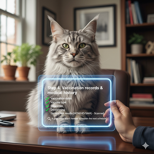 Ảnh minh họa bước 4 khi mua mèo Maine Coon: kiểm tra sổ tiêm, lịch tiêm, loại vắc-xin và hồ sơ y tế.