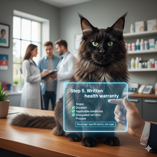 Ảnh minh họa bước 5 khi mua mèo Maine Coon: kiểm tra bảo hành sức khỏe bằng văn bản với phạm vi, thời hạn và quy trình rõ ràng.