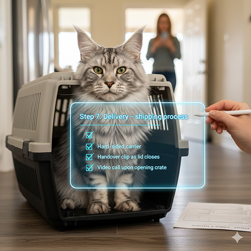 Ảnh minh họa bước 7 khi mua mèo Maine Coon: quy trình giao nhận – vận chuyển với box cứng, clip bàn giao và video call mở lồng.
