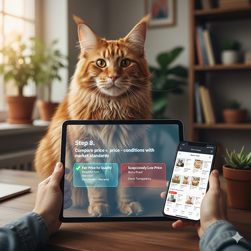 Ảnh minh họa bước 8: đối chiếu giá mèo Maine Coon với mặt bằng thị trường bằng cách so báo giá, chứng từ và điều kiện đi kèm.