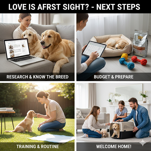 Hình các bước chuẩn bị trước khi nuôi chó Golden: tìm hiểu giống, chuẩn bị ngân sách, huấn luyện và đón bé về nhà