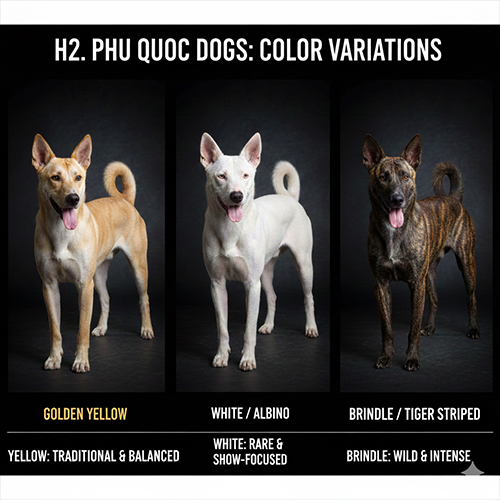 So sánh các màu lông chó Phú Quốc phổ biến gồm vàng truyền thống, trắng bạch hổ và vện cọp