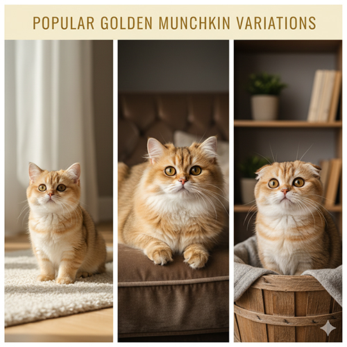 Ba bé mèo Munchkin Golden trong không gian ấm áp, lần lượt đại diện cho các biến thể lông ngắn, lông dài và tai cụp.