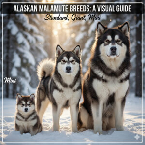 Các dòng chó Alaska gồm Standard, Giant và Mini đứng cạnh nhau trong khung cảnh tuyết trắng