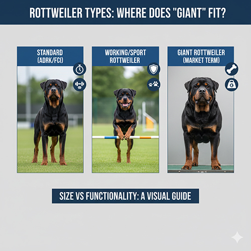 So sánh các dòng chó Rottweiler gồm Rottweiler tiêu chuẩn, Rottweiler working và Rottweiler dòng đại theo thị trường
