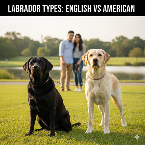 Ảnh so sánh hai dòng Labrador Retriever kiểu Anh và kiểu Mỹ ngoài công viên