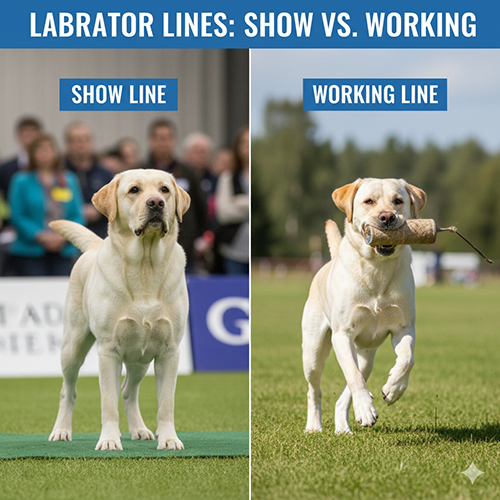 Ảnh so sánh Labrador show line và working line trong hai bối cảnh khác nhau: biểu diễn và làm việc ngoài đồng cỏ.
