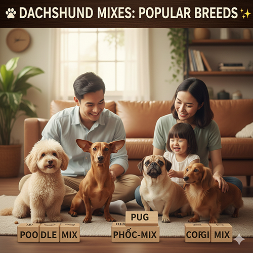 Gia đình bên các dòng chó Lạp xưởng lai phổ biến như Poodle mix, Phốc mix, Pug mix và Corgi mix