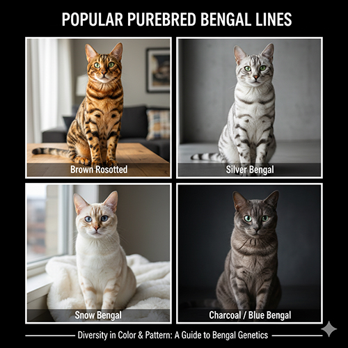 Bốn màu mèo Bengal thuần chủng phổ biến: Brown Rosetted, Silver, Snow và Charcoal/Blue – thể hiện sự đa dạng di truyền của giống