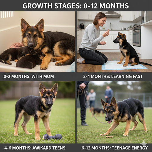 bộ ảnh mô tả các giai đoạn phát triển của chó Becgie con từ 0 đến 12 tháng, gồm lúc bú mẹ, học lệnh, dậy thì và giai đoạn thiếu niên năng động