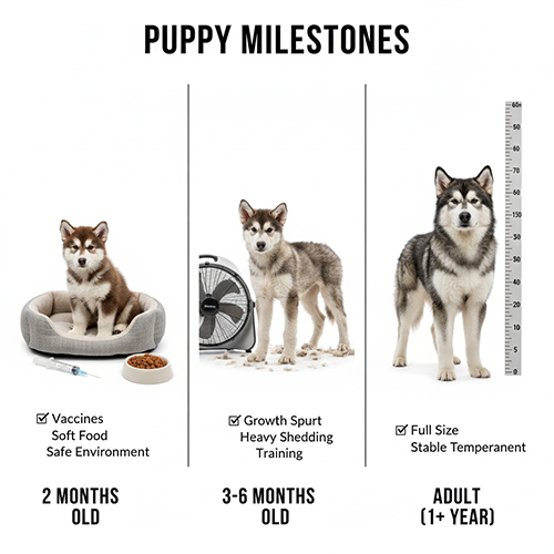 Các giai đoạn phát triển của chó Alaska Malamute từ 2 tháng đến trưởng thành