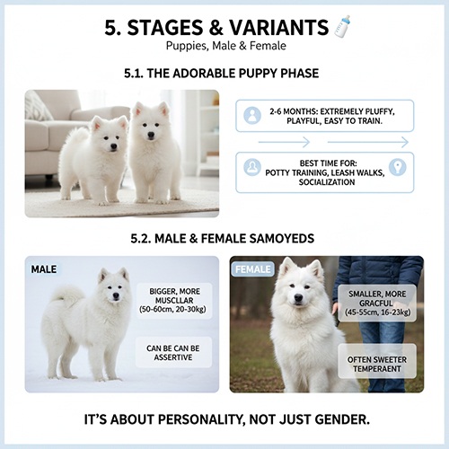Samoyed con và Samoyed đực – cái trong các giai đoạn phát triển