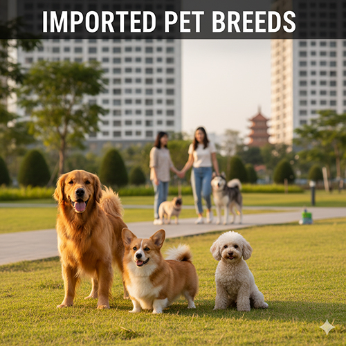 Ba giống chó cảnh nhập ngoại phổ biến gồm Golden Retriever, Corgi và Poodle đang đứng trên bãi cỏ công viên đô thị Việt Nam