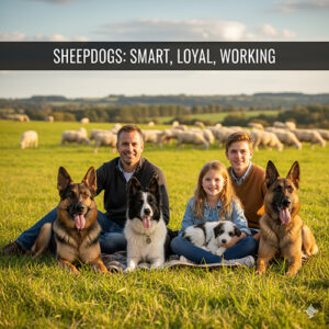 Hình ảnh gia đình với các giống chó chăn cừu như Đức, Bỉ, Border Collie đang ngồi trên đồng cỏ cùng đàn cừu phía sau