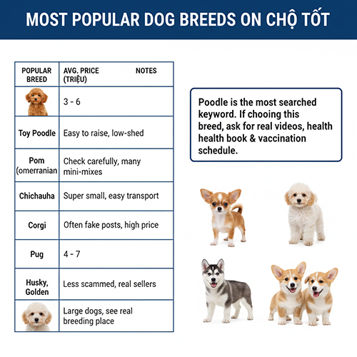 Các giống chó cảnh được rao bán nhiều nhất trên Chợ Tốt như Poodle, Phốc Sóc, Corgi, Pug