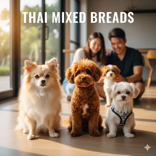 Ba chú chó nhỏ giống lai cảnh Thái Lan gồm Pomeranian, Poodle và Maltese ngồi trong nhà cùng cặp đôi trẻ, thể hiện sự thân thiện và dễ nuôi