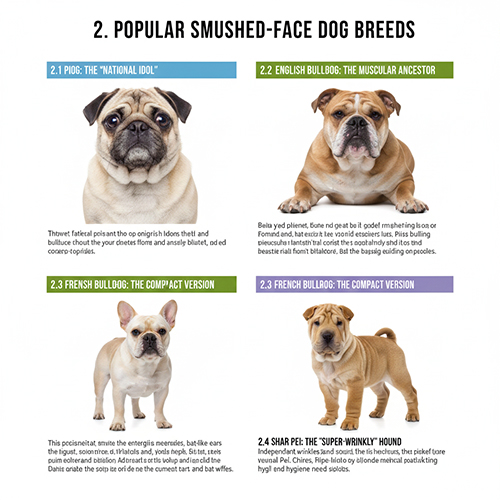 Các giống chó mặt xệ mặt nhăn phổ biến gồm Pug Bulldog Anh Bulldog Pháp và Shar Pei