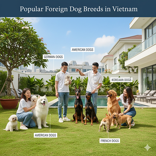 Nhóm bạn trẻ vui đùa cùng các giống chó ngoại như Samoyed, Poodle, Doberman, Golden Retriever, Bulldog Pháp trong sân vườn biệt thự.