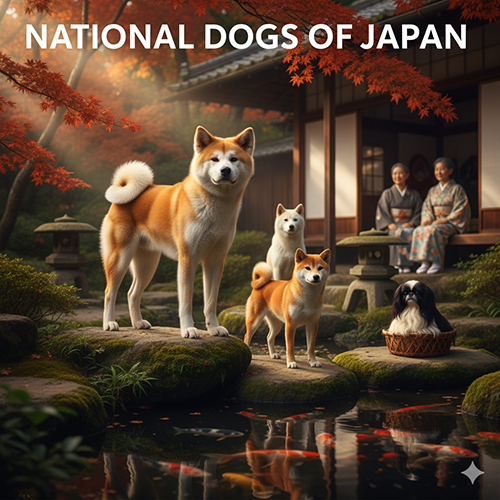 Các giống chó Nhật Bản bản địa như Akita Inu, Shiba Inu và chó Nhật xù trong khu vườn truyền thống cùng hai người mặc kimono Nhật