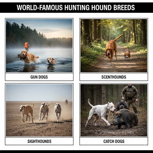 Ảnh tổng hợp bốn nhóm chó săn nổi tiếng thế giới: gun dogs, scenthounds, sighthounds và catch dogs