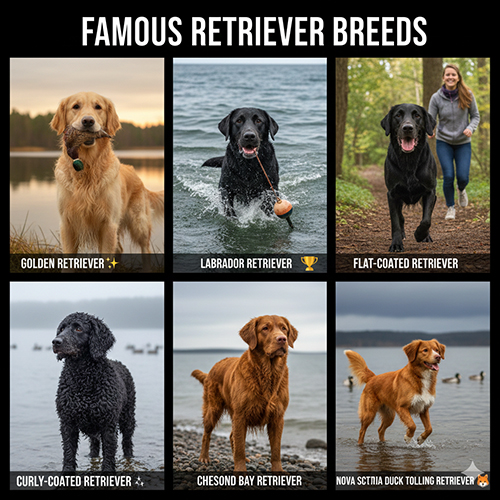 Ảnh collage các giống Retriever nổi tiếng: Golden, Labrador, Flat-Coated, Curly-Coated, Chesapeake Bay và Nova Scotia Duck Tolling Retriever