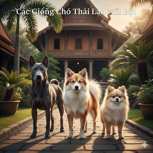 Ba giống chó Thái Lan gồm Thai Ridgeback, Bangkaew và chó lai Thái đứng trước ngôi nhà gỗ truyền thống, đại diện cho các giống chó Thái nổi bật