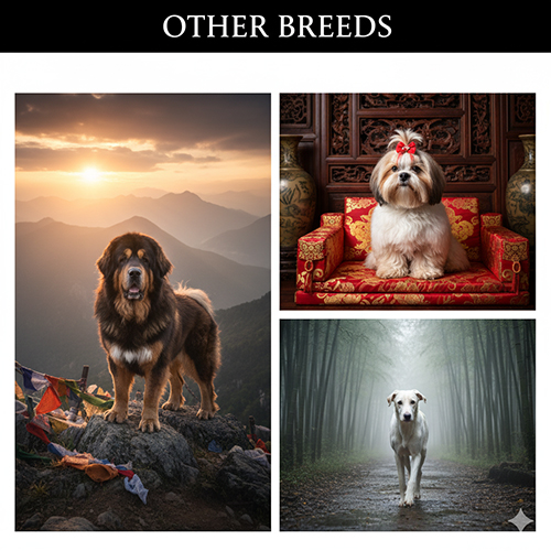 Tổng hợp các giống chó Trung Quốc khác gồm Tibetan Mastiff, Shih Tzu và Xiasi Quan trong khung cảnh tự nhiên và cung đình cổ điển
