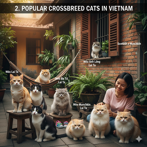 Hình ảnh các giống mèo lai phổ biến tại Việt Nam như mèo lai ta, mèo lai tây và mèo lai giữa các giống ngoại