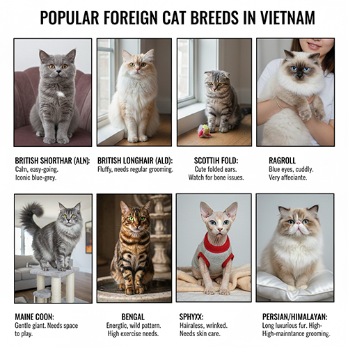 Các giống mèo ngoại phổ biến tại Việt Nam như ALN ALD Scottish Ragdoll Maine Coon Bengal Sphynx Persian