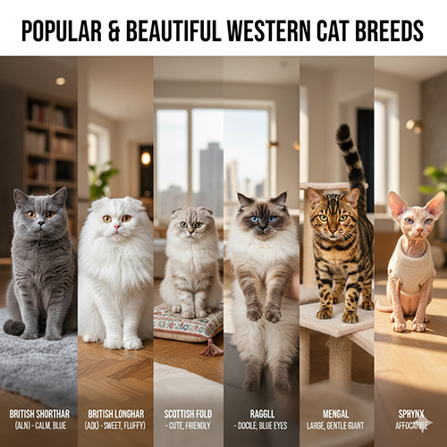 Các giống mèo Tây phổ biến gồm Anh lông ngắn, Anh lông dài, Scottish, Ragdoll, Maine Coon, Bengal, Sphynx