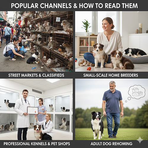 Các kênh mua bán chó Border Collie phổ biến: chợ, người nuôi nhỏ lẻ, trại chuyên nghiệp và chuyển nhượng chó trưởng thành